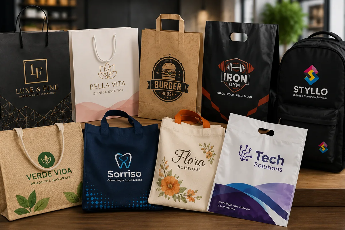 Mockup de sacolas personalizadas em kraft, papel, ecobag, TNT e plástico reciclável